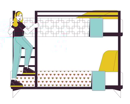 Female student climbing ladder on bunkbed flat line color vector character. Editable outline full body person on white. Traveler girl in hostel simple cartoon spot illustration for web graphic design