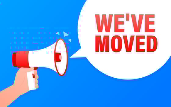 We have moved megaphone blue banner in flat style. Vector illustration.