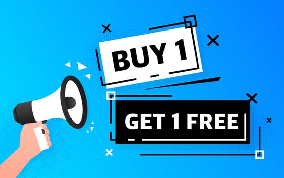 Megaphone blue banner with buy one get one free sign. Vector illustration