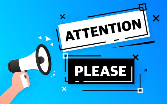Megaphone blue banner with attention please sign. Vector illustration