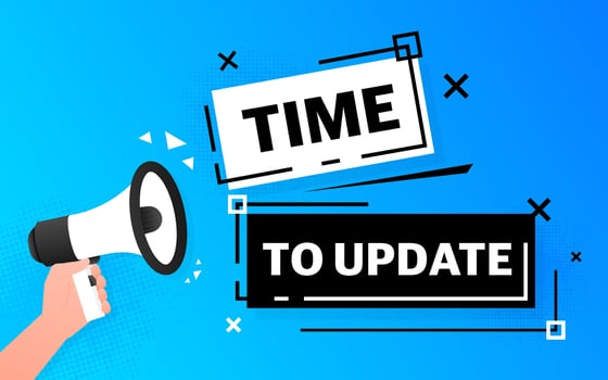 Megaphone blue banner with time to update sign. Vector illustration