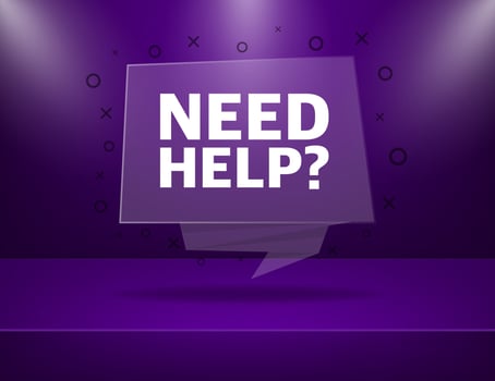 Need Help purple banner in 3D style on white background. Vector illustration.