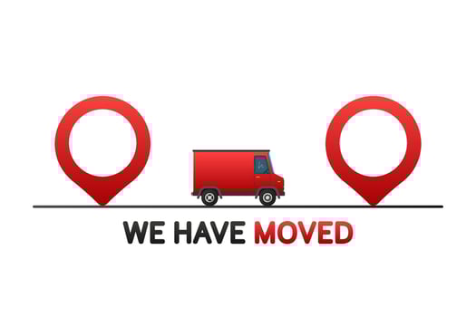 We have moved. Flat badge vector illustration on white background