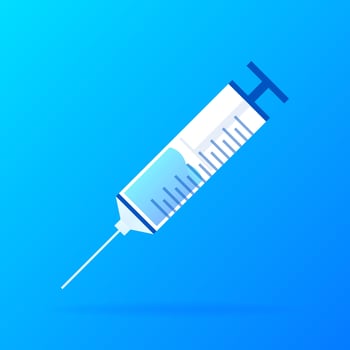 Vaccine COVID-19 vector icon. Syringe and blue vaccine vial. Vector illustration