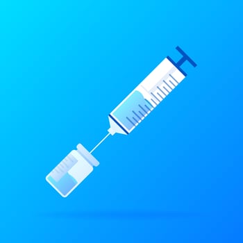 Vaccine COVID-19 vector icon. Syringe and blue vaccine vial. Vector illustration