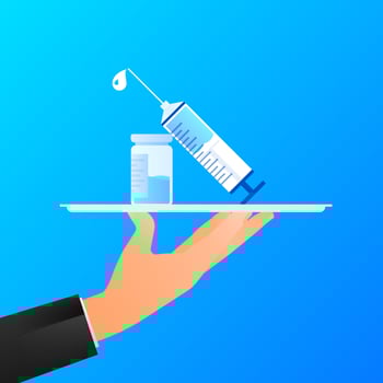 Vaccine COVID-19 vector icon. Syringe and blue vaccine vial. Vector illustration