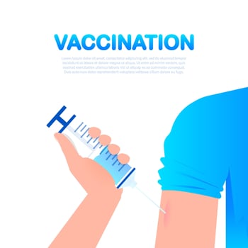 Vaccine COVID-19 vector icon. Syringe and blue vaccine vial. Vector illustration
