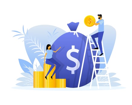 Flat illustration with investment management people coins. Flat vector illustration