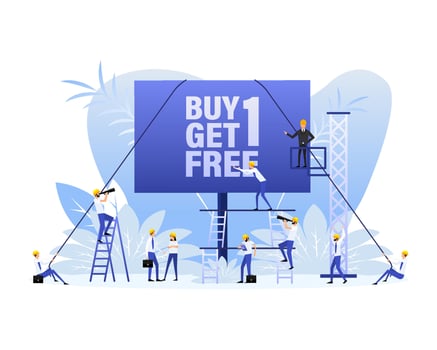 Flat style icon with people on white backdrop. Discount coupon. Vector design