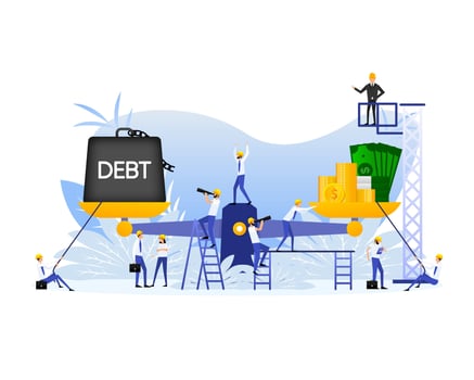 Man holds scales with coins and debts. Abstract icon. Finance isometric vector