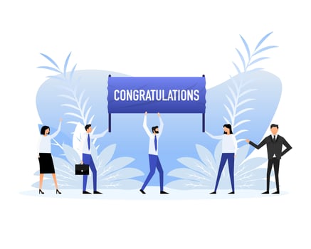 People holding a poster with text Congratulations. Vector illustration.