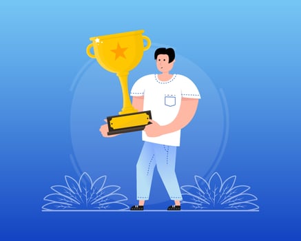 Blue advertising. Best quality. Advertising with blue winner people vector
