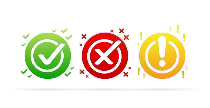 Check, alert and uncheck, exclamation point. Caution alarm, danger sign vector
