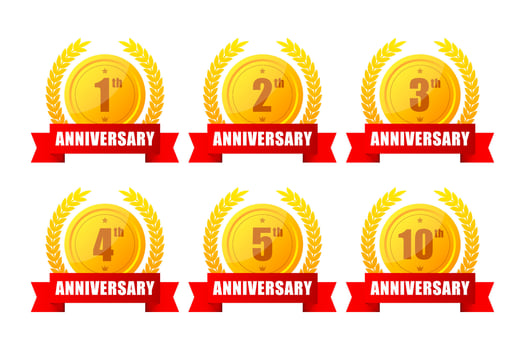 1,2,3,5,10 years anniversary gold button, label, logo on black backgrouund. Vector illustration.