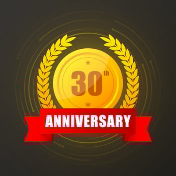 30 years anniversary gold button, label, logo on black backgrouund. Vector illustration.