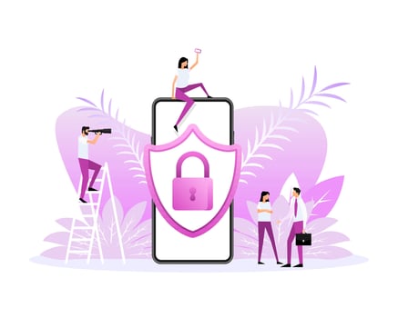Cartoon with secure lock people. Digital bank. Flat vector illustration