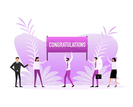 People holding a poster with text Congratulations. Vector illustration.