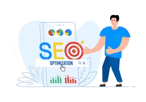A man stands near the smartphone, on the screen SEO optimisation. Web analytics and seo marketing. vector