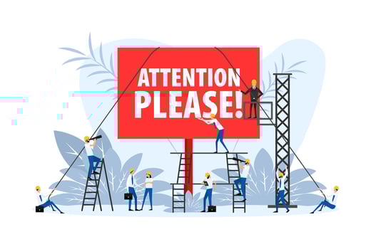 People stand near the placard attention please. Caution sign. Important message vector