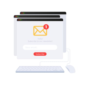Subscribe for newsletter. Email marketing system. Promotional announcement vector