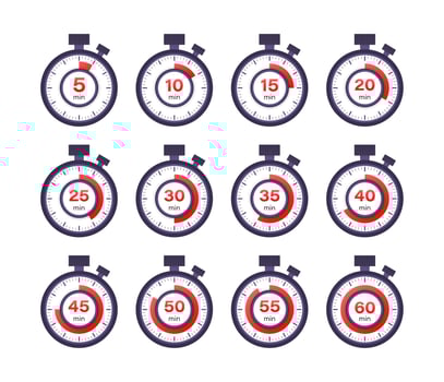 Set Timer, clock, stopwatch. Cooking time. 0 to 60 minutes. vector