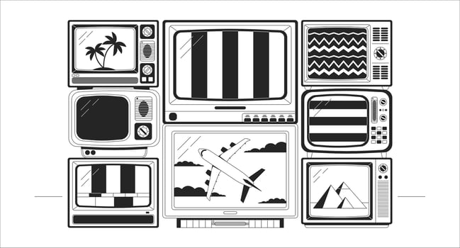 Old tv black and white lo fi aesthetic wallpaper. Electrical appliances. TV signal noise outline 2D vector cartoon objects illustration, monochrome lofi background. Bw 90s retro album art, chill vibes
