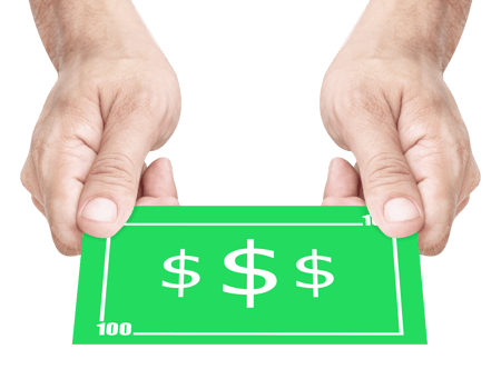 Hand holding mockup one hundred green dollar bill png