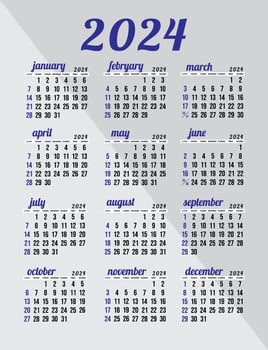 Calendar 2024 - All months -  National Holidays. Calendar commemorative dates and holidays vector