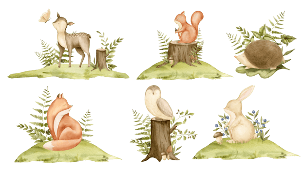 Woodland animals in a forest. Hand drawn watercolor illustration of deer and bunny for baby shower greeting cards or birthday invitations on isolated background. Bundle with squirrel and hedgehog. png