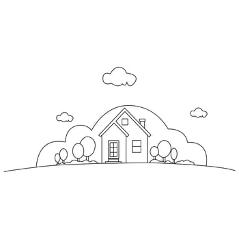 a line drawing of a house with trees and clouds vector