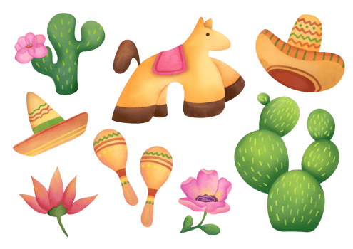 clipart Set of watercolor illustrations cinco de mayo. Mexican fiesta set with Sombrero, cactus, maracas, pinata. bright festival party decoration collection isolated on transparent background png