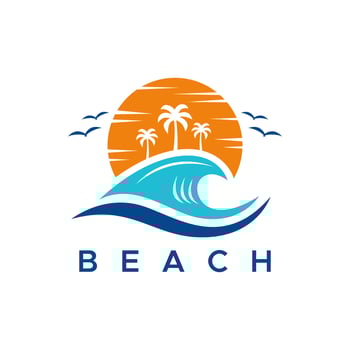 Logo Summer Paradise Illustration Beach Sunset and Palm Tree. Business Resort, Travel and Holiday Vacation Island vector
