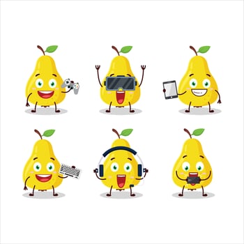 Yellow pear cartoon character are playing games with various cute emoticons vector