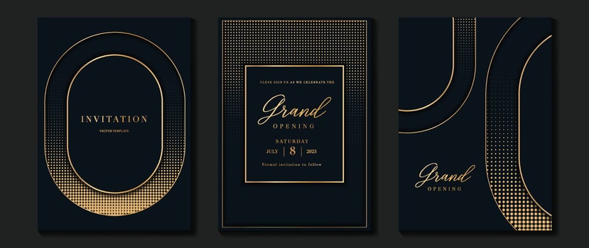 Luxury gala invitation card background vector. Golden elegant halftone gold pattern on black background. Premium design illustration for wedding and vip cover template, grand opening. vector
