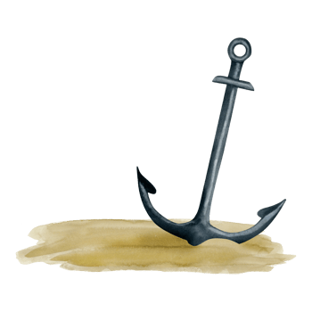 Watercolor steel anchor in the sand of sea bottom illustration. Simple nautical shipwreck hand drawn clipart png