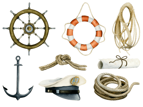 Nautical sailing boat or ship watercolor illustration set with steering wheel, lifebuoy, anchor, rope knot and captains cap for travel and adventures designs png
