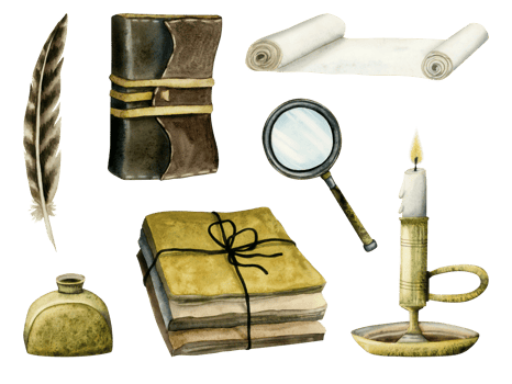 Watercolor vintage writer poetry illustration set with books, travel journals, burning candle, paper scroll, magnifying glass, sand hourglass and ink pen hand drawn clipart png