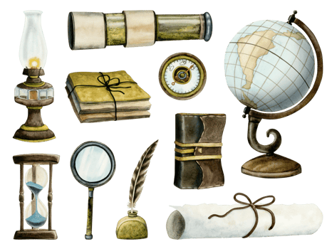 Adventure sailing boat watercolor illustration set with globe, spyglass, sand hourglass, books, travel journals, kerosene lamp, burning candle, paper scroll and ink pen png