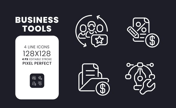 Business tools white linear desktop icons on black. Enhance teamwork. Process management software. Pixel perfect 128x128, outline 4px. Isolated interface symbols pack for dark mode. Editable stroke vector
