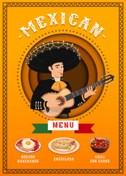 Mexican cuisine menu page with mariachi and food vector