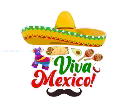 Viva Mexico banner with mexican sombrero, pinata, vector