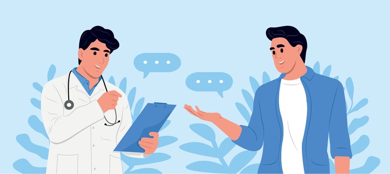 Medicine, healthcare and people concept. Doctor talking to patient in hospital. Doctor and patient with good news, health results, advice and report. vector
