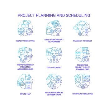 Project planning and scheduling blue gradient concept icons set. Business improvement idea thin line color illustrations. Isolated symbols vector