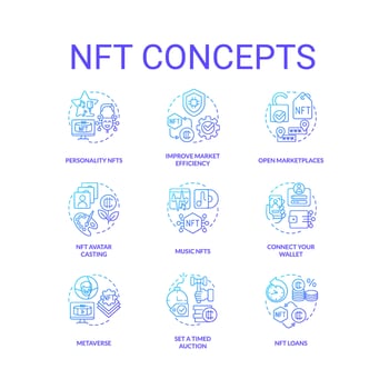 NFT blue gradient concept icons set. Blockchain technology. Making money in cyberspace idea thin line color illustrations. Isolated symbols vector