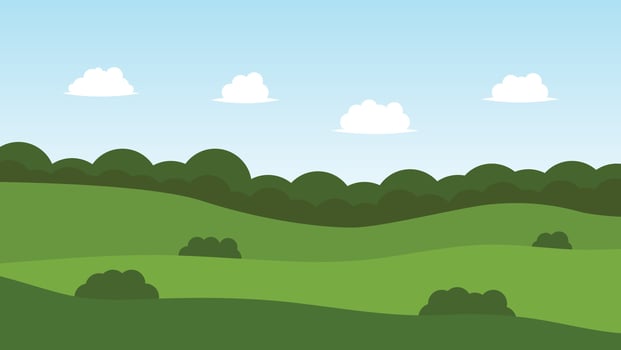 landscape cartoon scene with green hills and white cloud in summer blue sky background vector