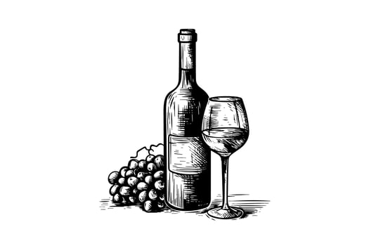 Wine bottle and glass of wine and grapes. Hand drawn engraving sketch style vector illustrations.