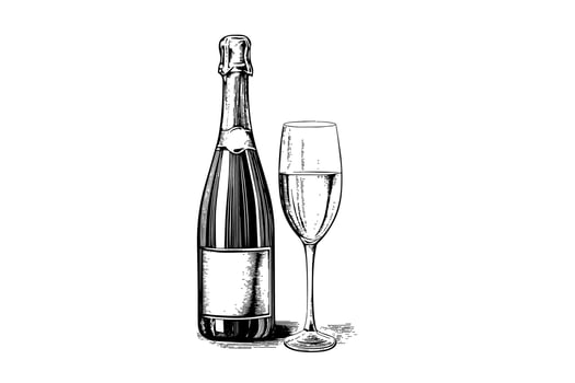 Bottle with Champagne and wine glass engraving style art, hand drawn sketch vector illustration