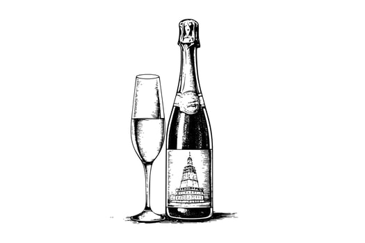 Bottle with Champagne and wine glass engraving style art, hand drawn sketch vector illustration