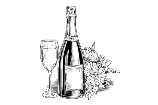 Bottle with Champagne and wine glass and flower engraving style art, hand drawn sketch vector illustration.