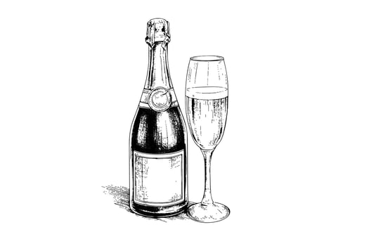 Bottle with Champagne and wine glass engraving style art, hand drawn sketch vector illustration